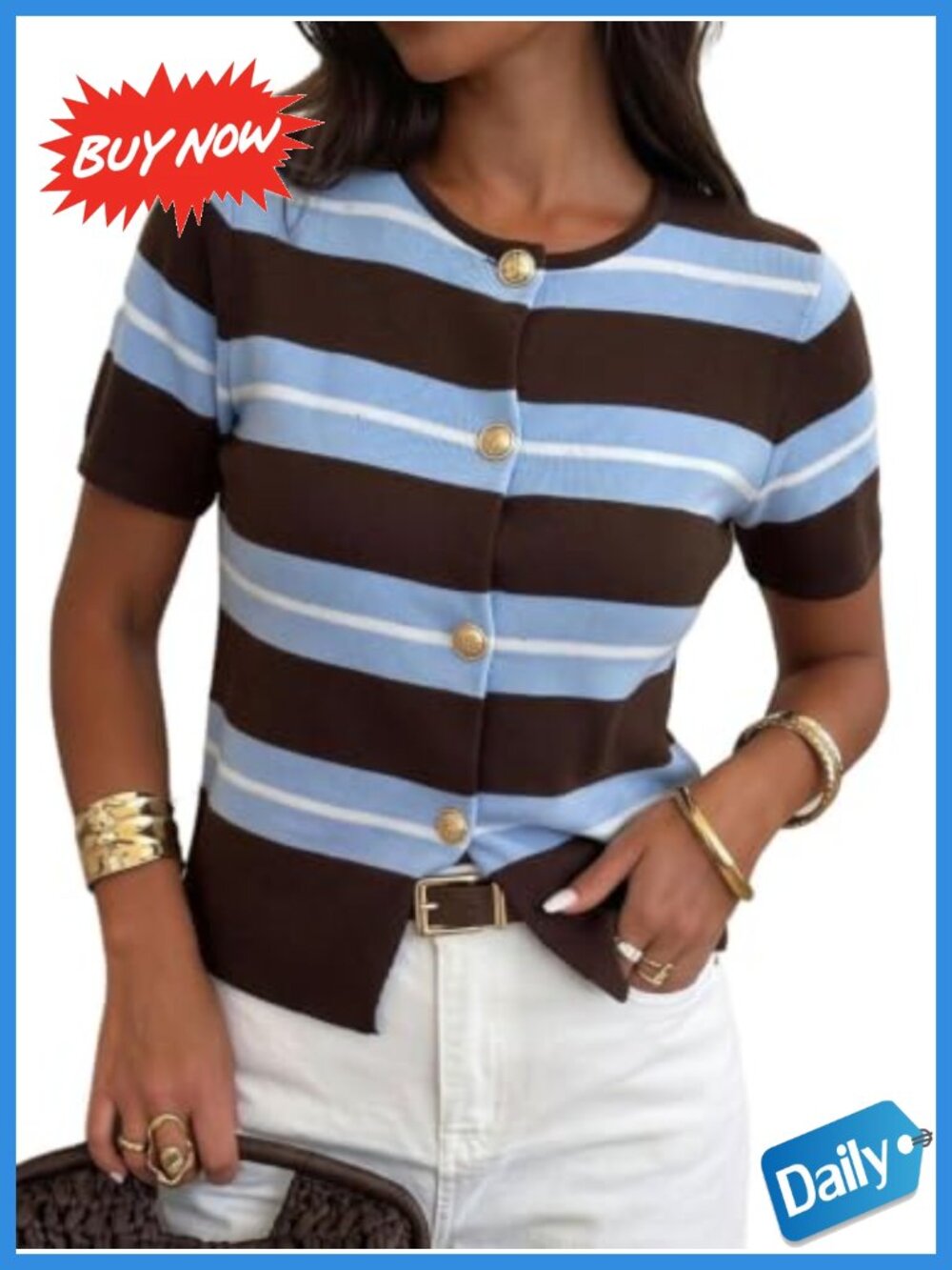 Striped Button Front Short Sleeve Knit Sweater Slim Fit Slit Hem